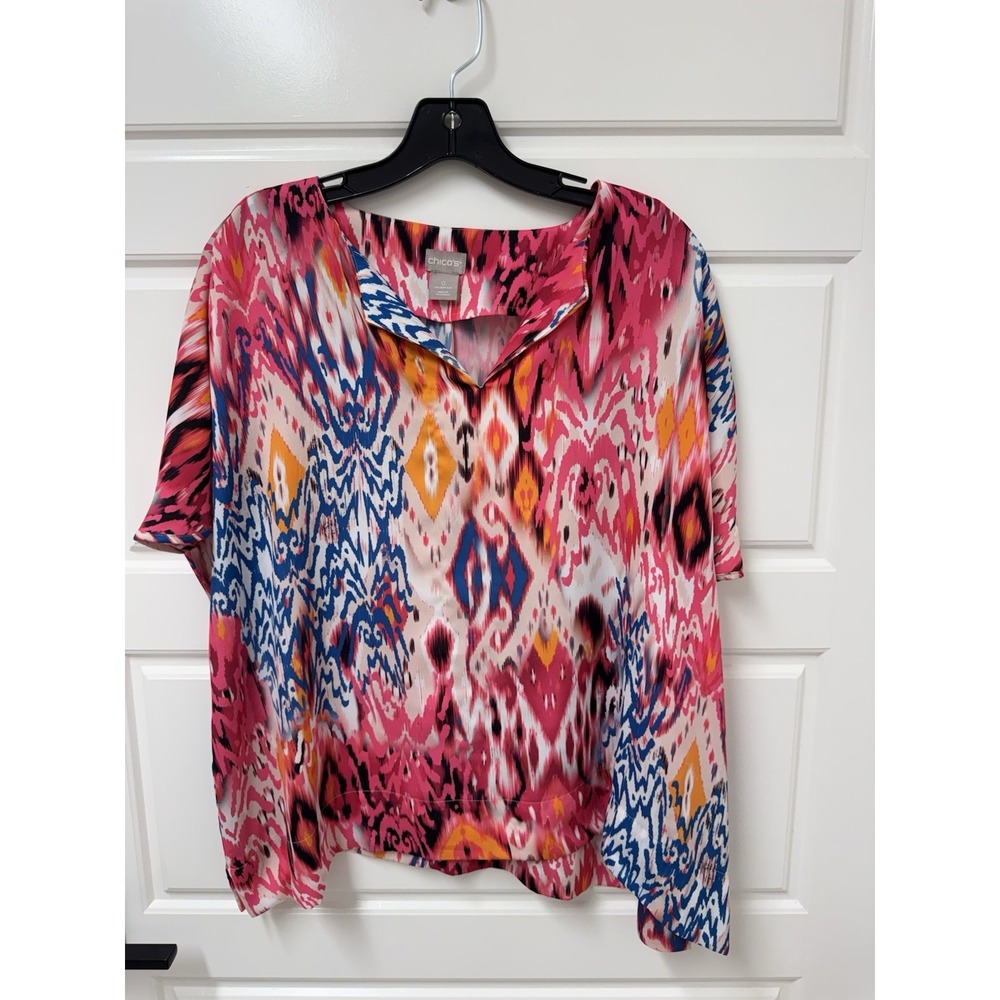 Chico's Size 0 Oversized Wide Tunic Blouse Multicolor Ikat Print Pink Blue EUC